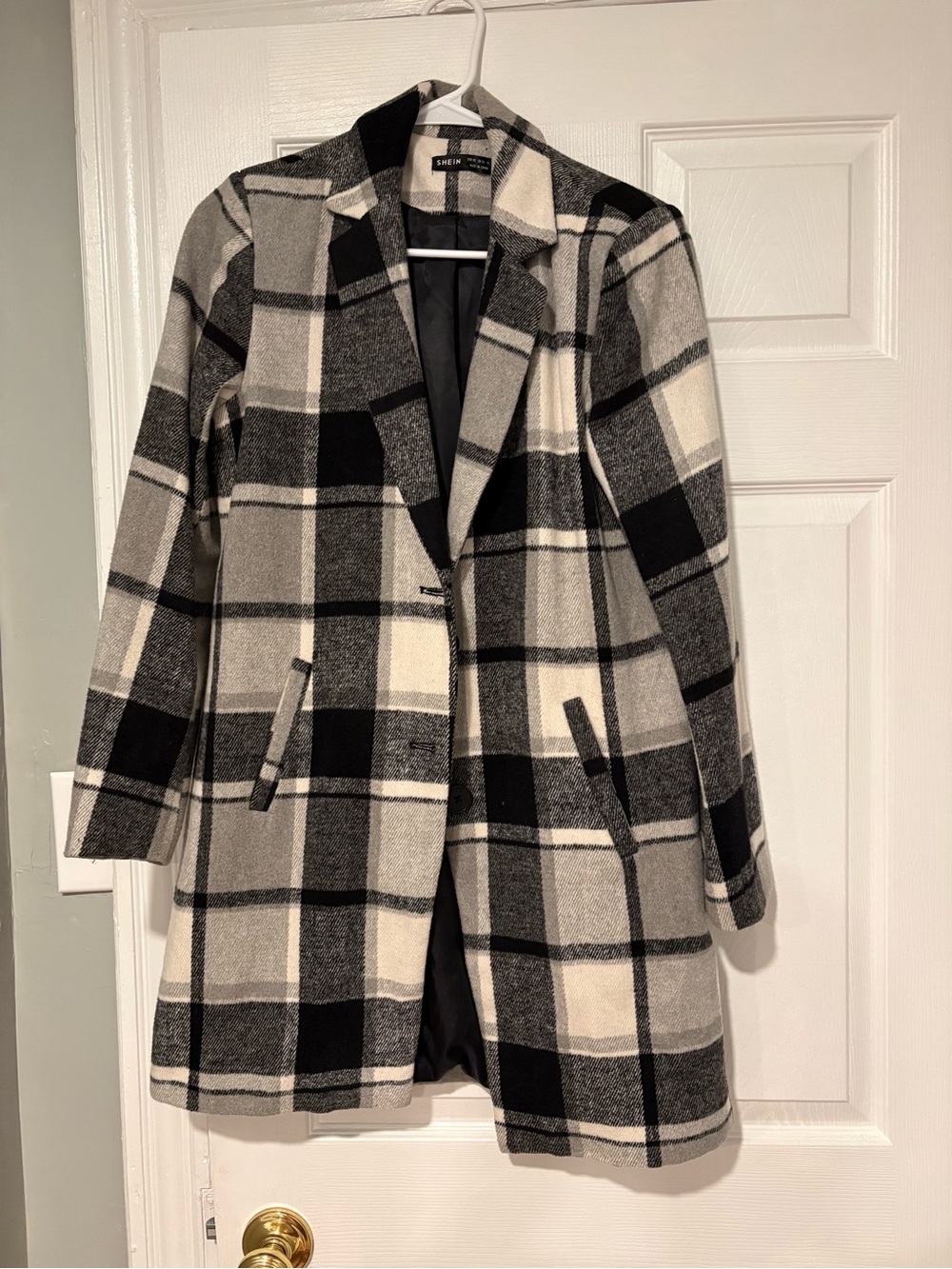 SHEIN Black, Gray & White Plaid Single-Breasted Pea Coat